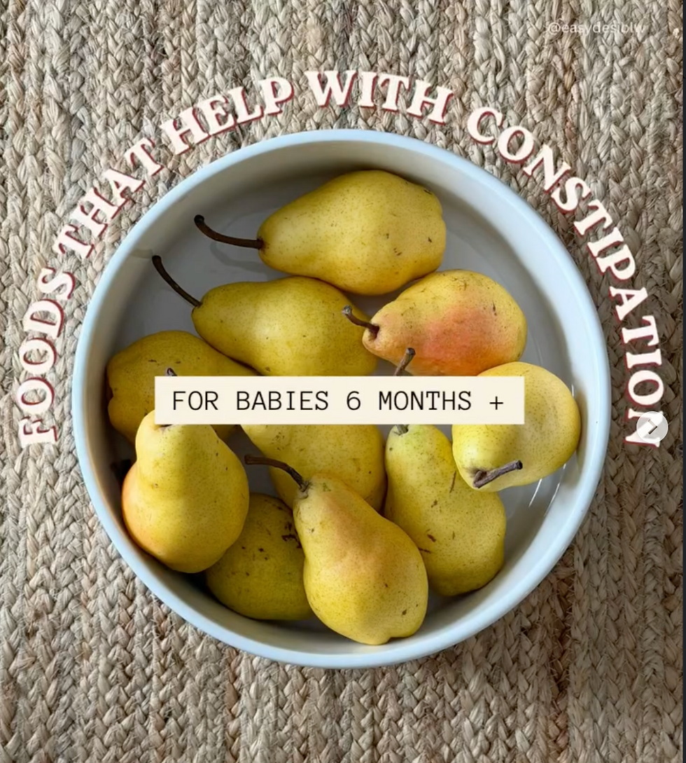 White bowl of yellow pears on woven mat with curved text Foods that help with constipation and label For babies 6 months+