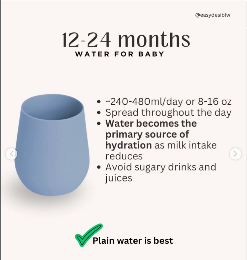 Infographic with blue cup and text on 12-24 months baby water: 240-480 ml/day, avoid sugary drinks, plain water best.