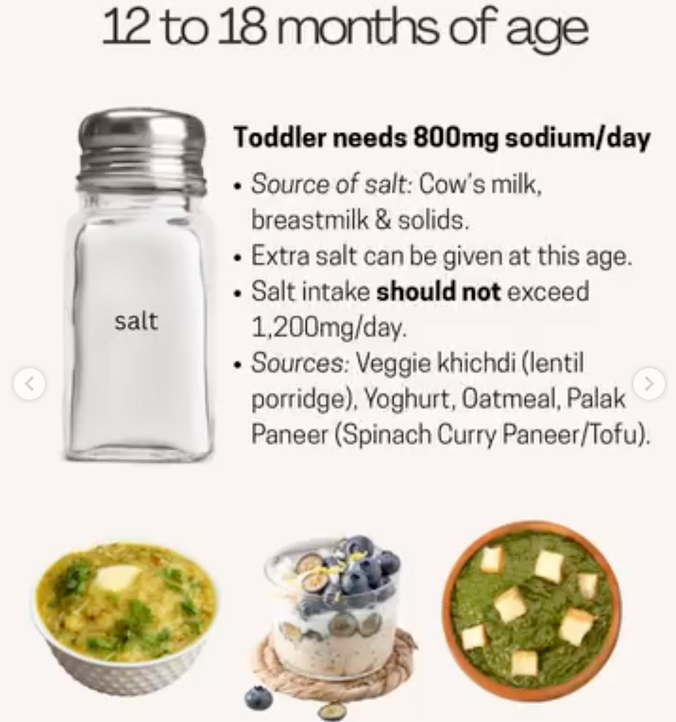 Infographic on toddler salt intake, 12 to 18 months: salt shaker, 800mg/day, max 1,200mg, and bowls of toddler foods.