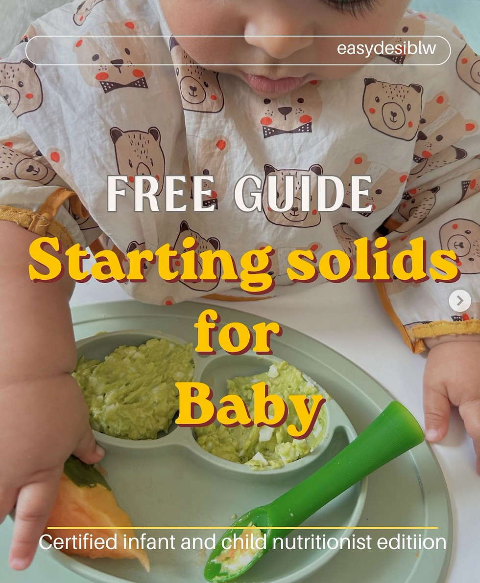 Baby in bear-print bib eats avocado from a divided plate; text reads Free Guide: Starting solids for Baby.