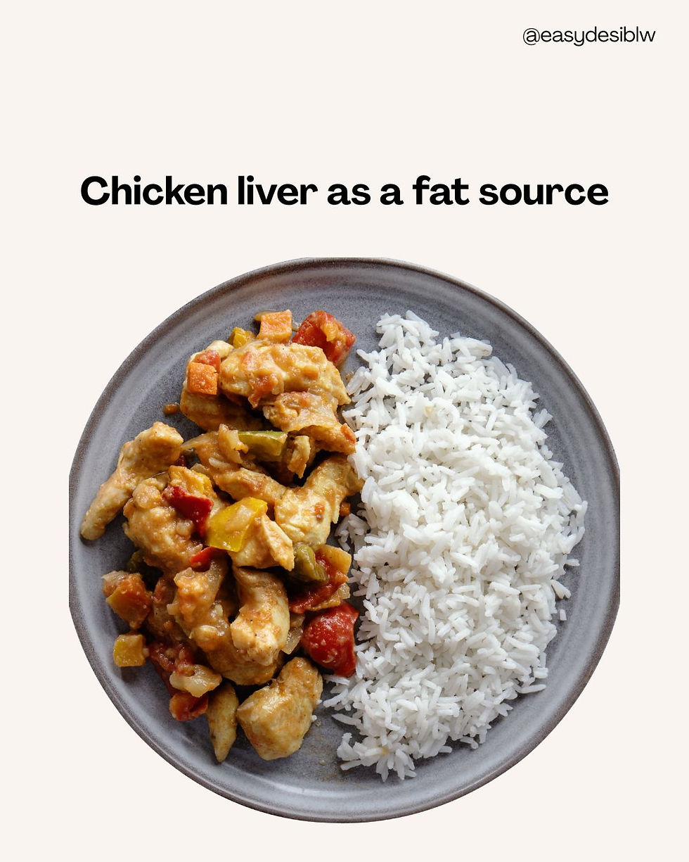 Plate of chicken liver stew with vegetables and white rice; text reads Chicken liver as a fat source