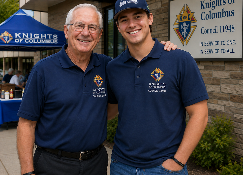 Two men in Knights of Columbus council shirts standing together and smiling in front of the council building