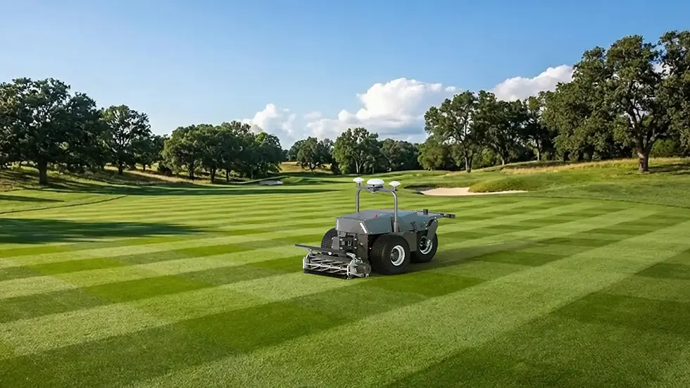 Close-up view of a robot lawn mower's cutting blades and wheels