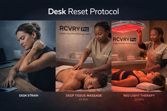 Desk reset protocol showing Nicola the recovery therapist performing a deep tissue massage and red light therapy, and the client on a desk with sore neck. showing.