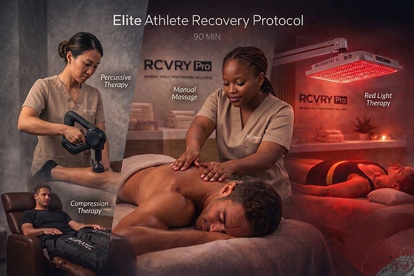 Elite Athlete Recovery Protocol _edited_Image showing red light therapy, massage, compression therapy, and percussive therapy done by Nicola and another therapist