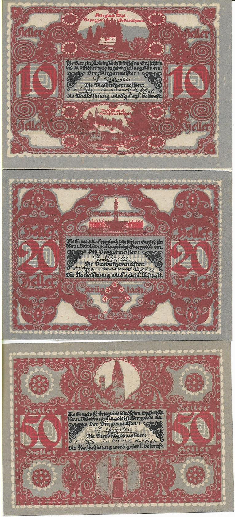 Miniatura: Krieglach Notgeld Serie completa Austria variante color rojo