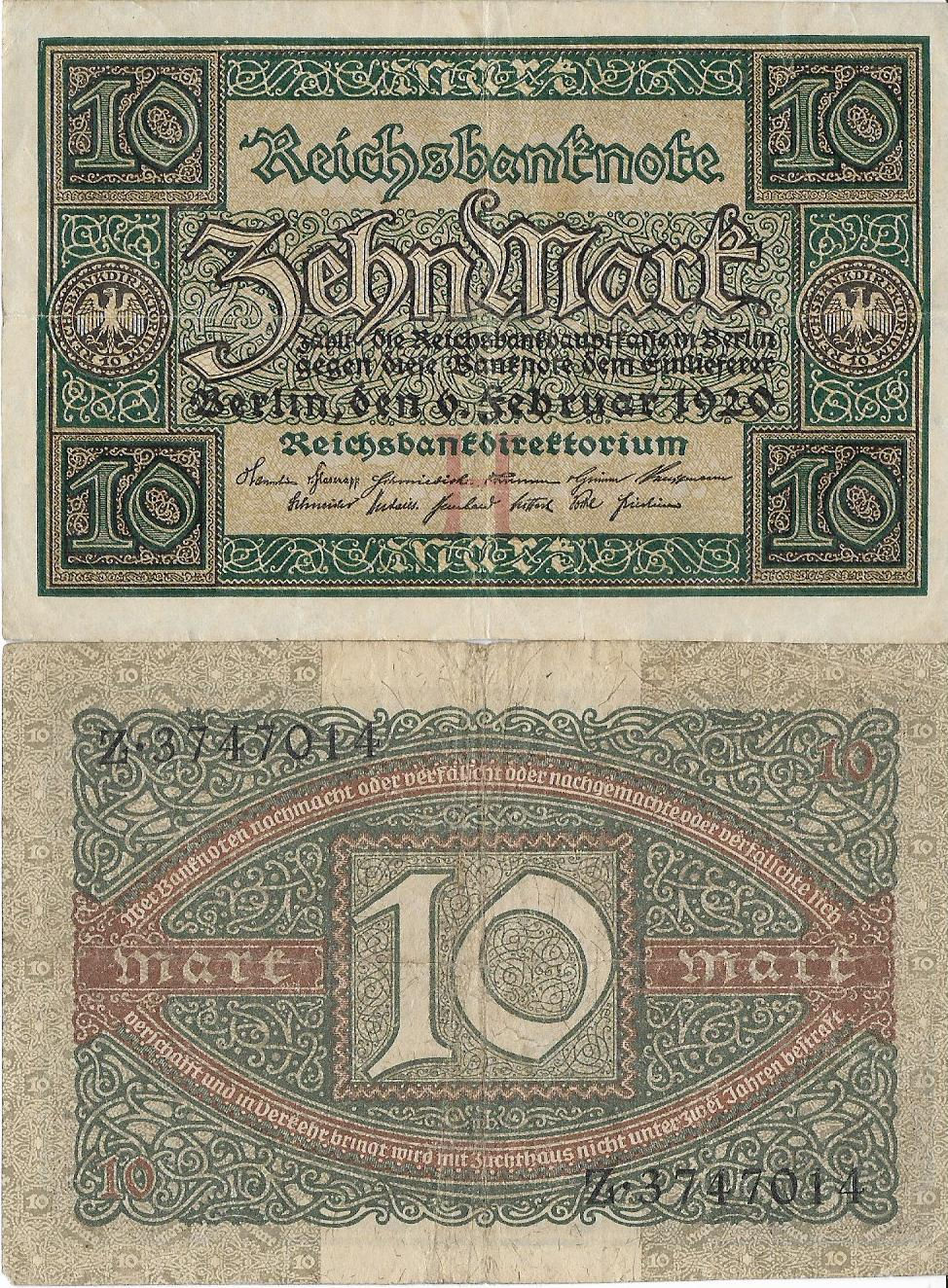 Billete Alemania 10 mark año 1920 Ros 63a