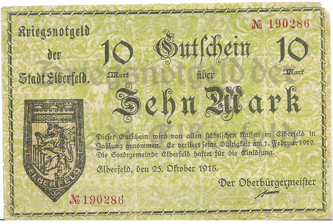 Elberfeld 10 marcos Alemania Notgeld Grossnotgeld
