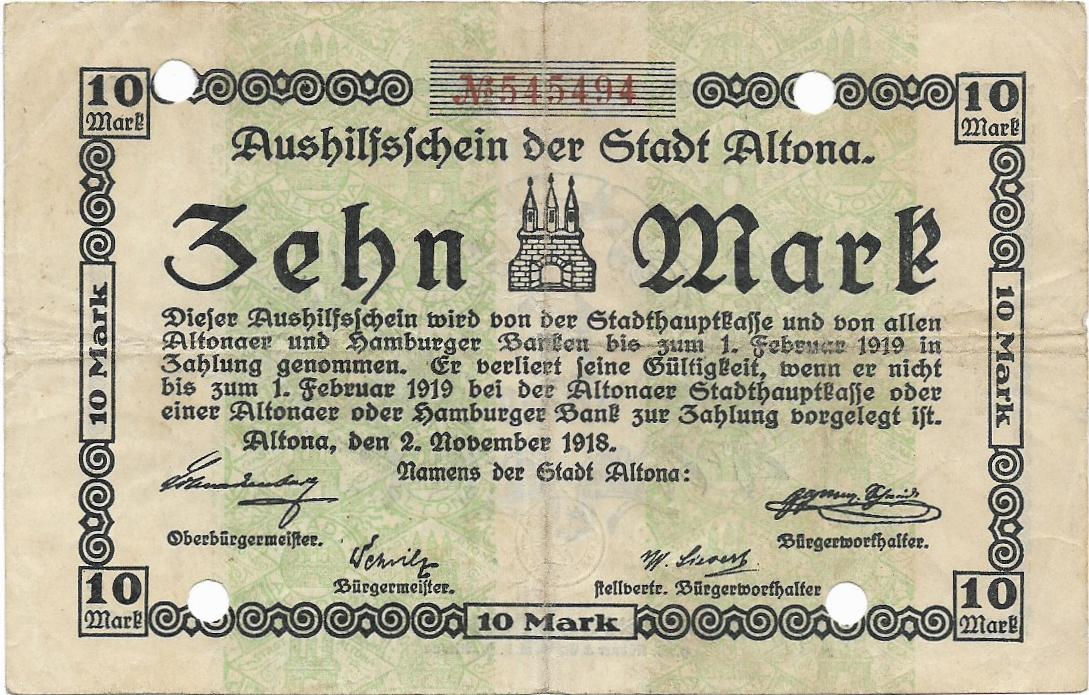 Altona 10 marcos Alemania Notgeld Grossnotgeld marca de agua Dunkle Kreuze