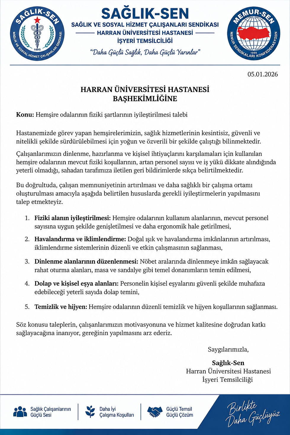 Hemşire Odalarının Fiziki Şartlarının İyileştirilmesi Talebi