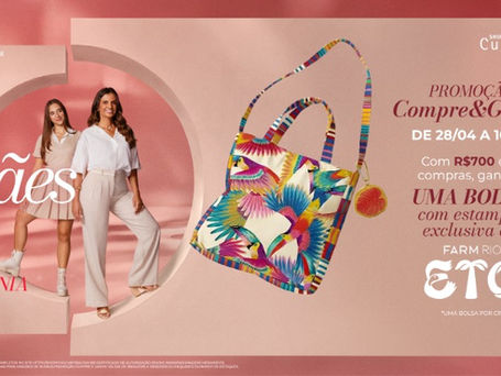 Bolsa colorida da FARM sendo exibida em campanha de Dia das Mães em shopping