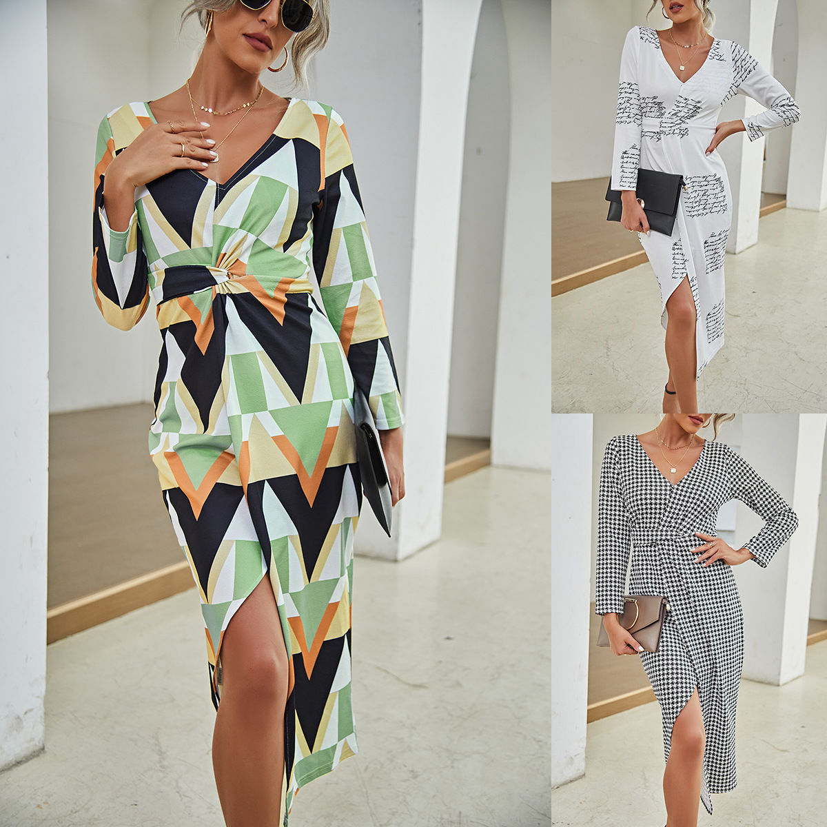 Woman in a colorful geometric print long beach dress