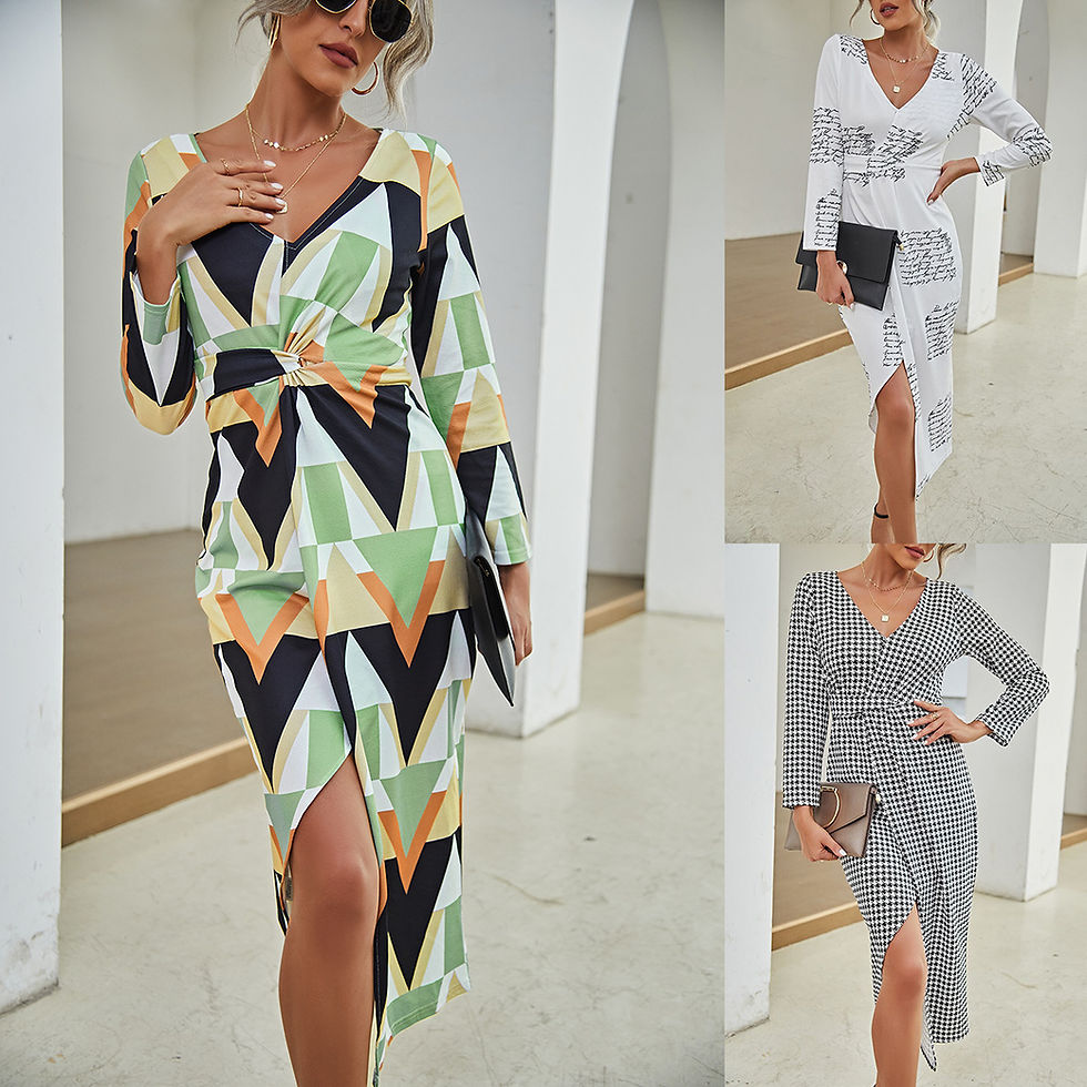 Woman in a colorful geometric print long beach dress