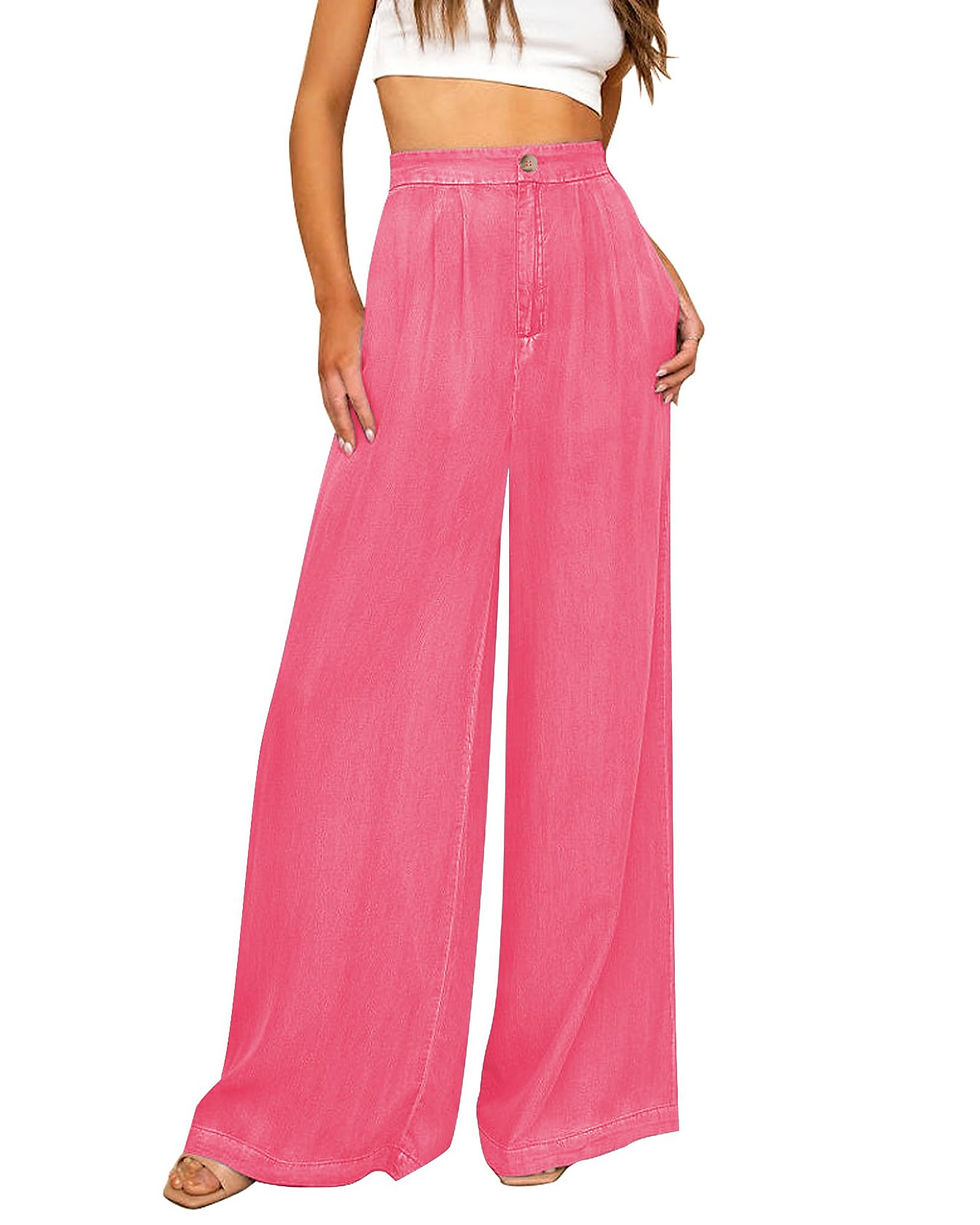 Woman wearing pink high-waisted wide-leg trousers