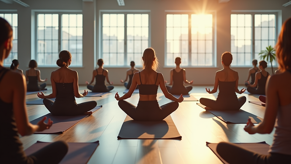 High angle view of a group yoga session in an office space