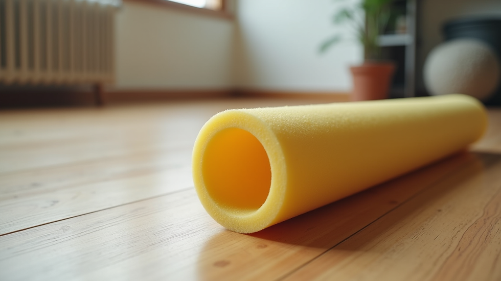 Close-up view of foam roller on a wooden floor