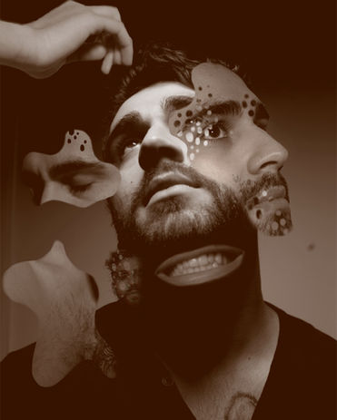 A gray monochromatic photo of a man posing, with other images of his face collaged throughout the image.