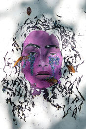 A purple crying face on a white canvas, with her hair being comprised black paint and leaves