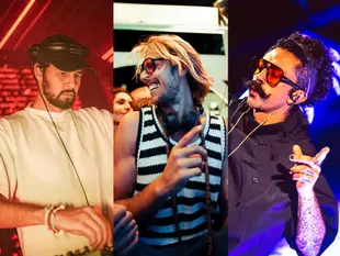 maz, jackson e meriva em montagem com três fotos dos artistas
