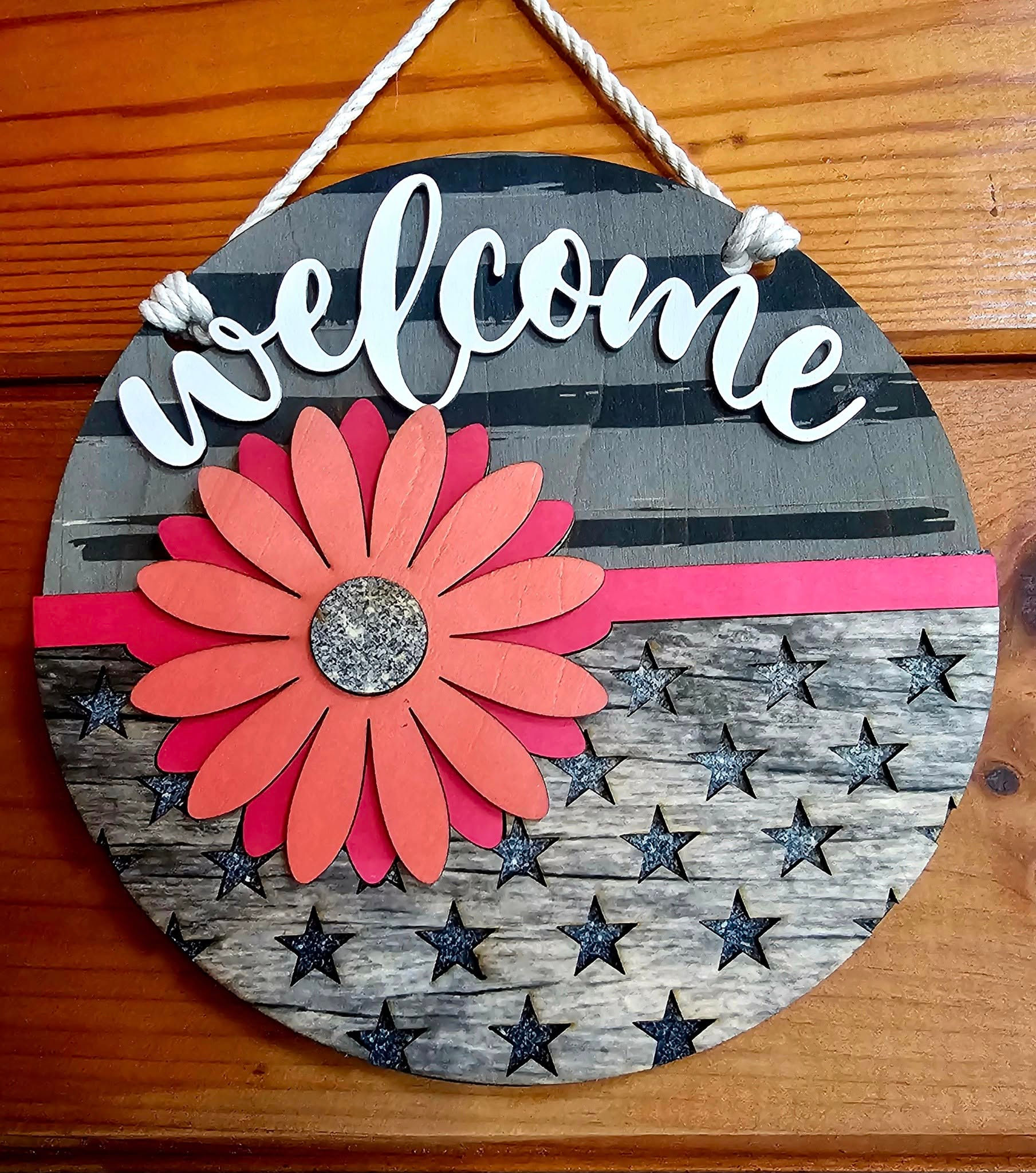 Pink Flower Black and Gray Welcome Wood Sign