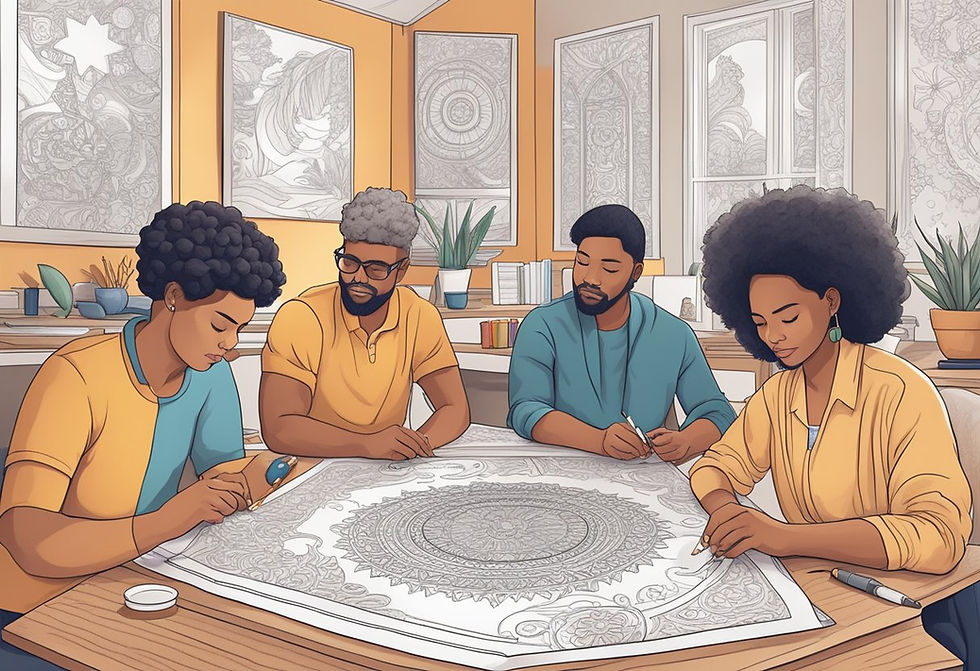 A group of people completing a coloring book