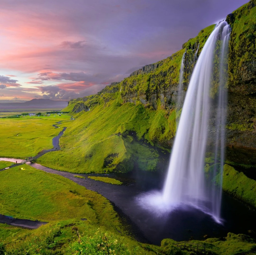 Waterfall under the Midnight sun in Iceland