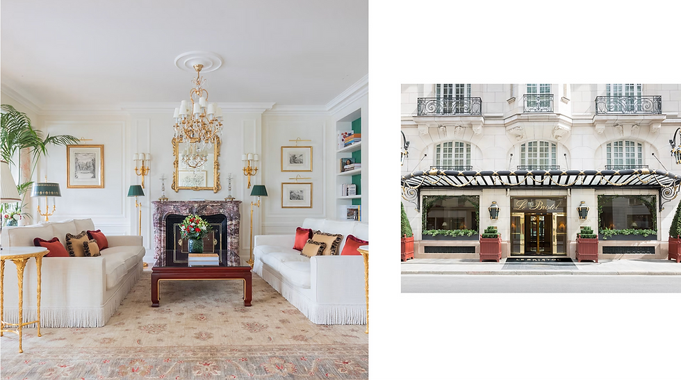 Elegant living room with white sofas, red cushions, a floral rug, chandelier, gold fixtures, and a fireplace. Adjacent image of a building's ornate entrance with "Le Bristol" sign.