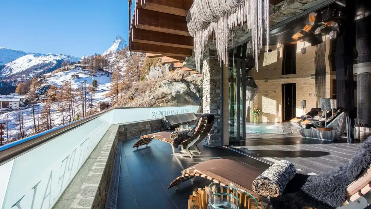 outdoor balcony in front of the Matterhorn in Zermatt