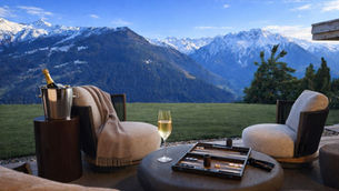 Outdoor seating overlooking the Swiss Alps at Le Verbier View 01 chalet in Verbier Switzerland