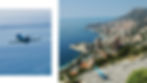 Blue jet in flight over ocean with distant cliffs. Second image: helicopter on a coastal city helipad, overlooking Monaco and sea.