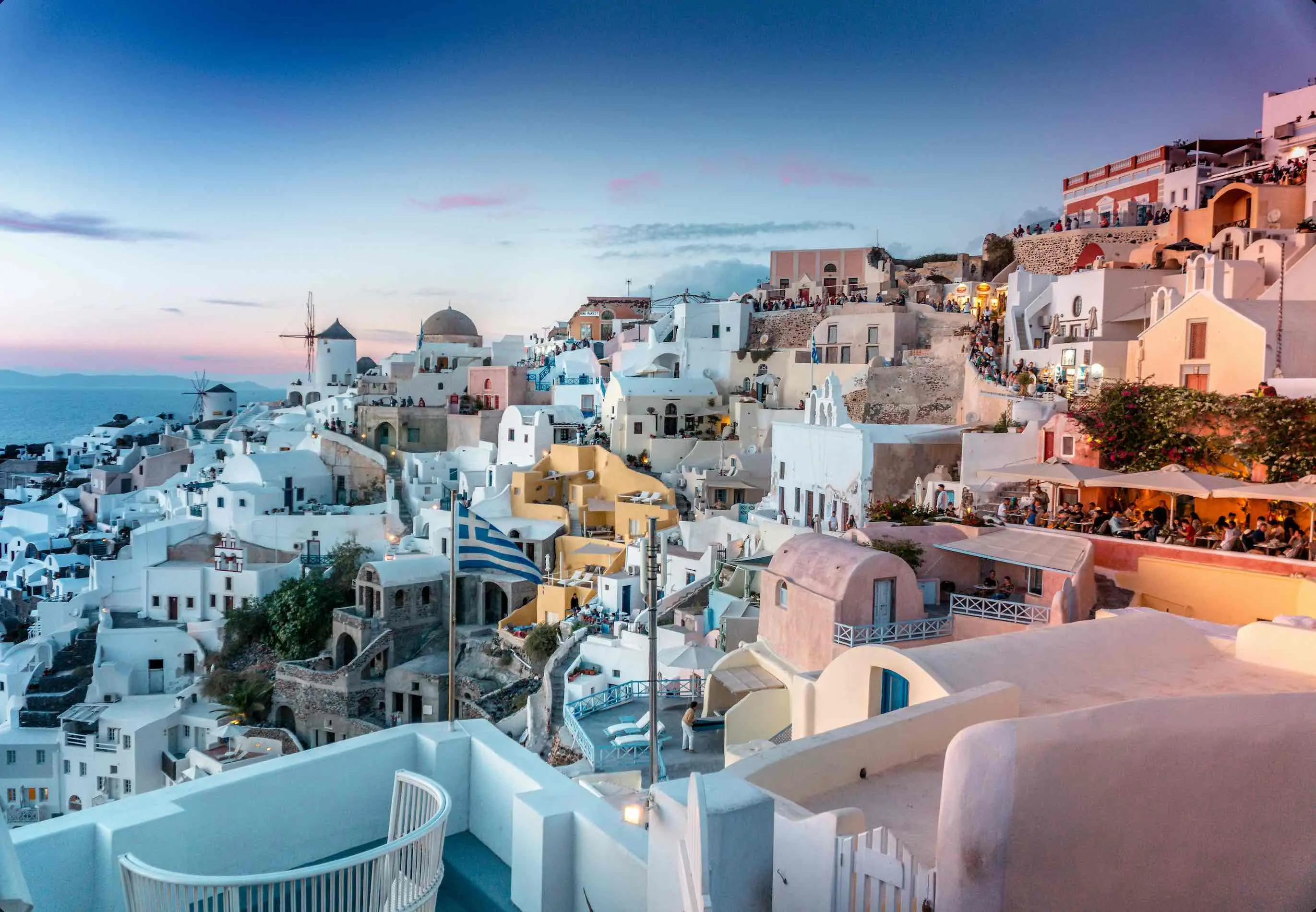 Candy coloured buildings in Santorini, Greece