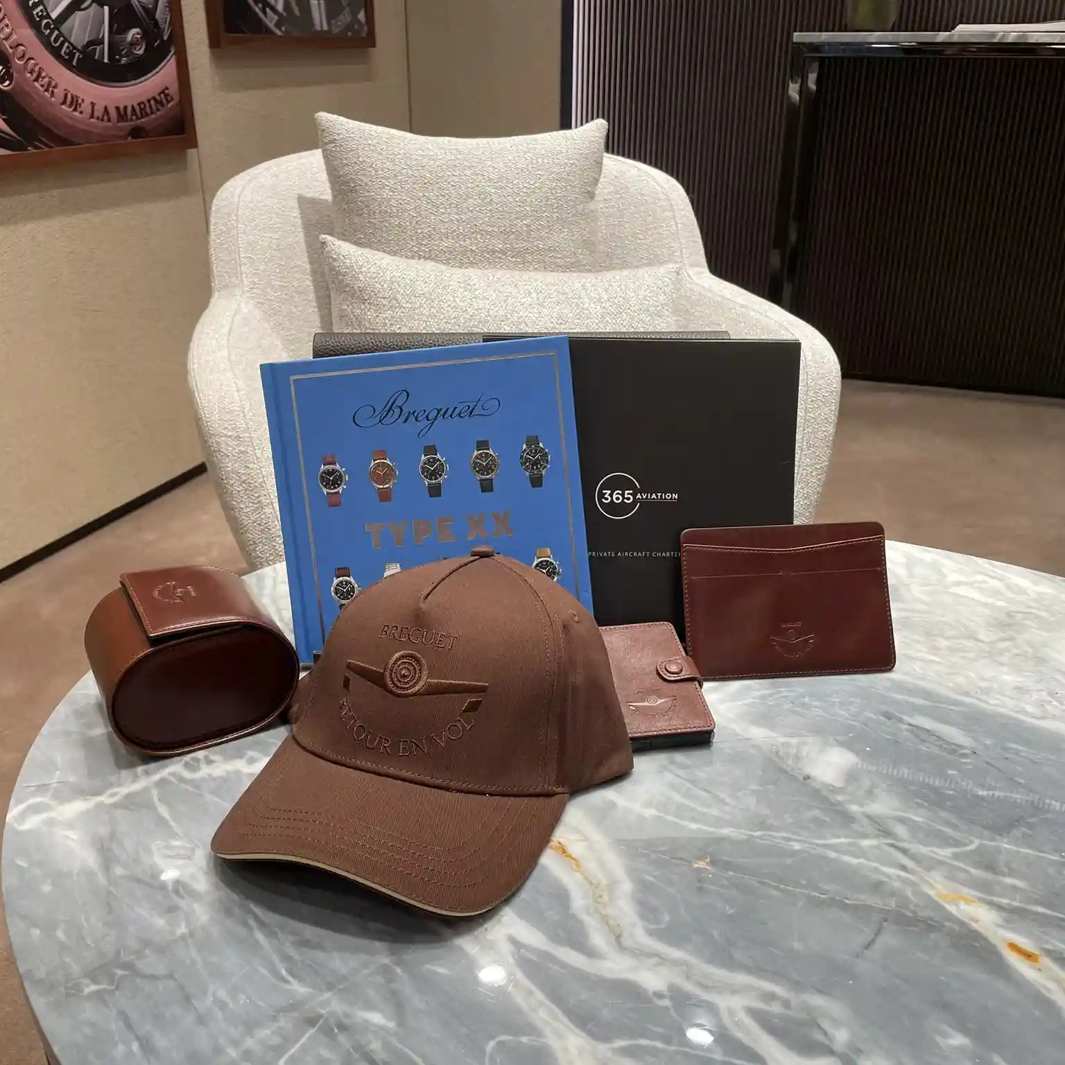 a collection of branded merchandise on a table