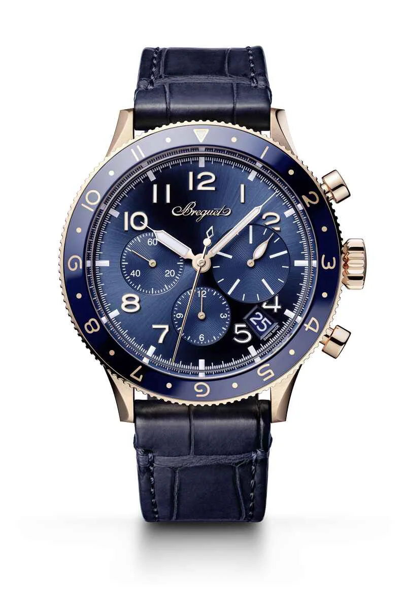 Breguet Type XX 2067 ROSE GOLD watch with a navy leather strap