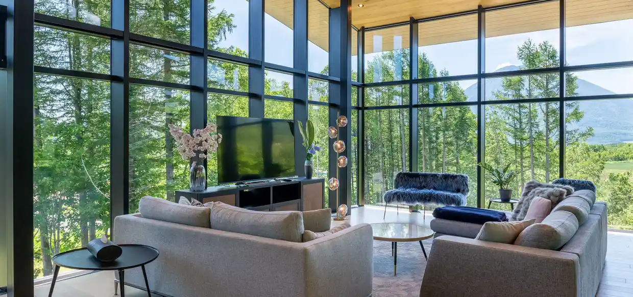 modern living area with a view of mount yotei