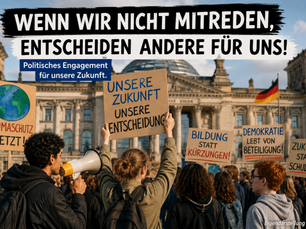 Menschenmenge mit Protestschildern vor dem Reichstagsgebäude, darunter Schilder mit den Texten 'KLIMASCHUTZ JETZT', 'UNSERE ZUKUNFT UNSERE ENTSCHEIDUNG', 'BILDUNG STATT KÜRZUNGEN', 'DEMOKRATIE LEBT VON BETEILIGUNG' und 'ZUKUNFT STATT SCHULDEN' sowie ein Banner mit dem Text 'WENN WIR NICHT MITREDEN, ENTSCHEIDEN ANDERE FÜR UNS!'