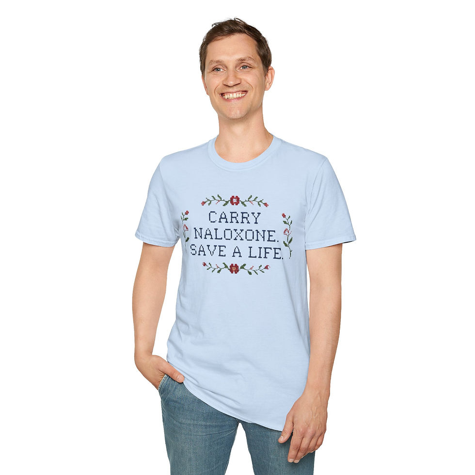 Thumbnail: Carry Naloxone, Save Lives. Cross-Stitch Tee