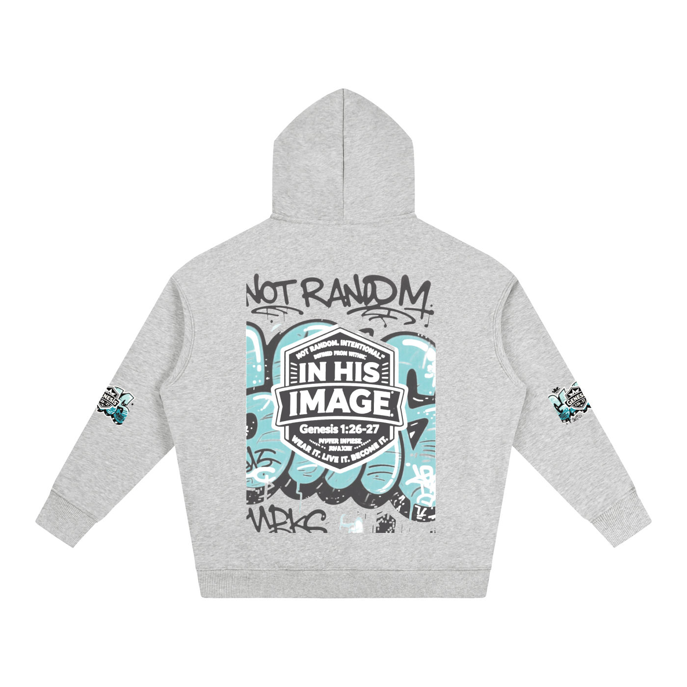 Back of snow washed cotton hoodie with In His Image graphic