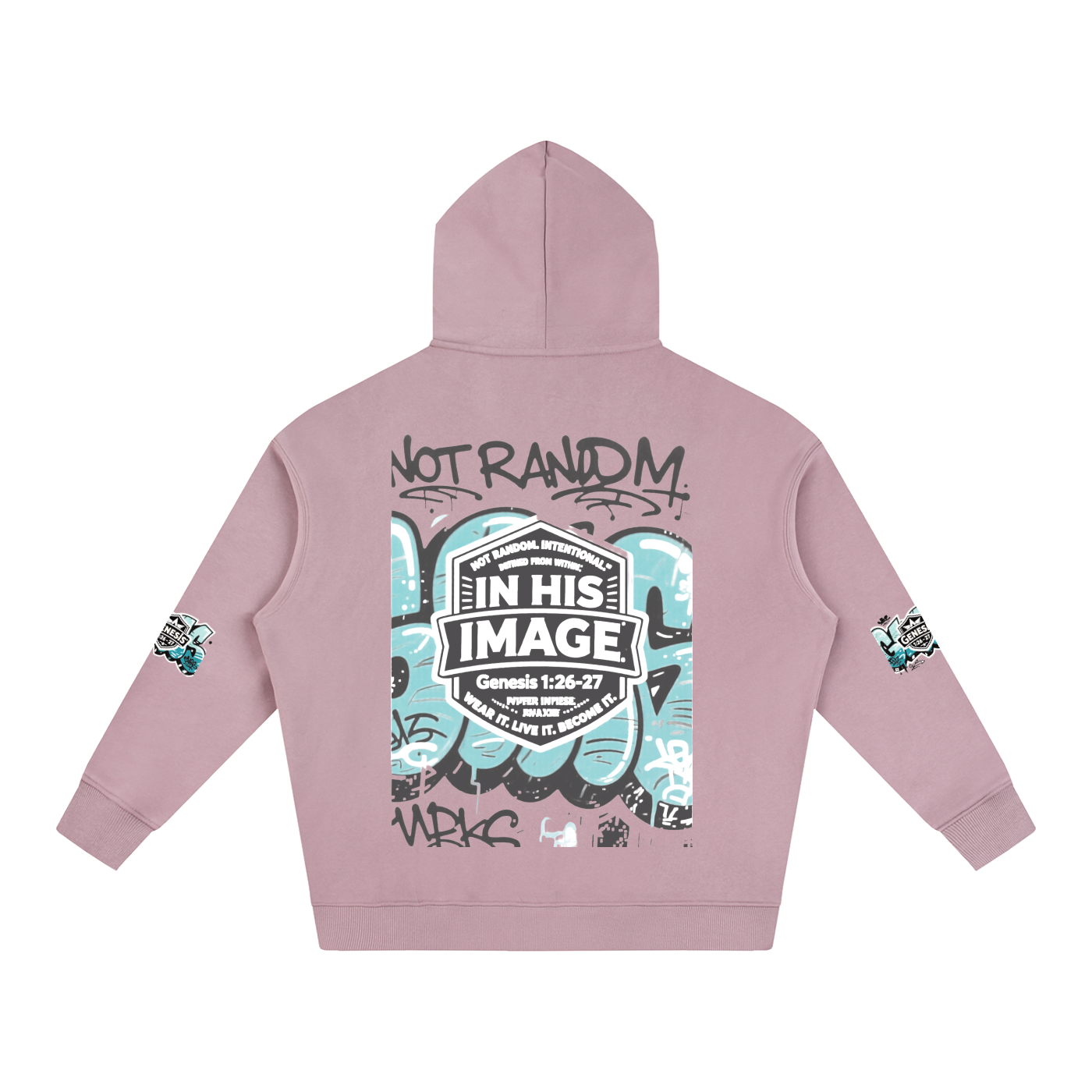 Back of pink Snow Washed Loose Cotton Hoodie with graffiti.