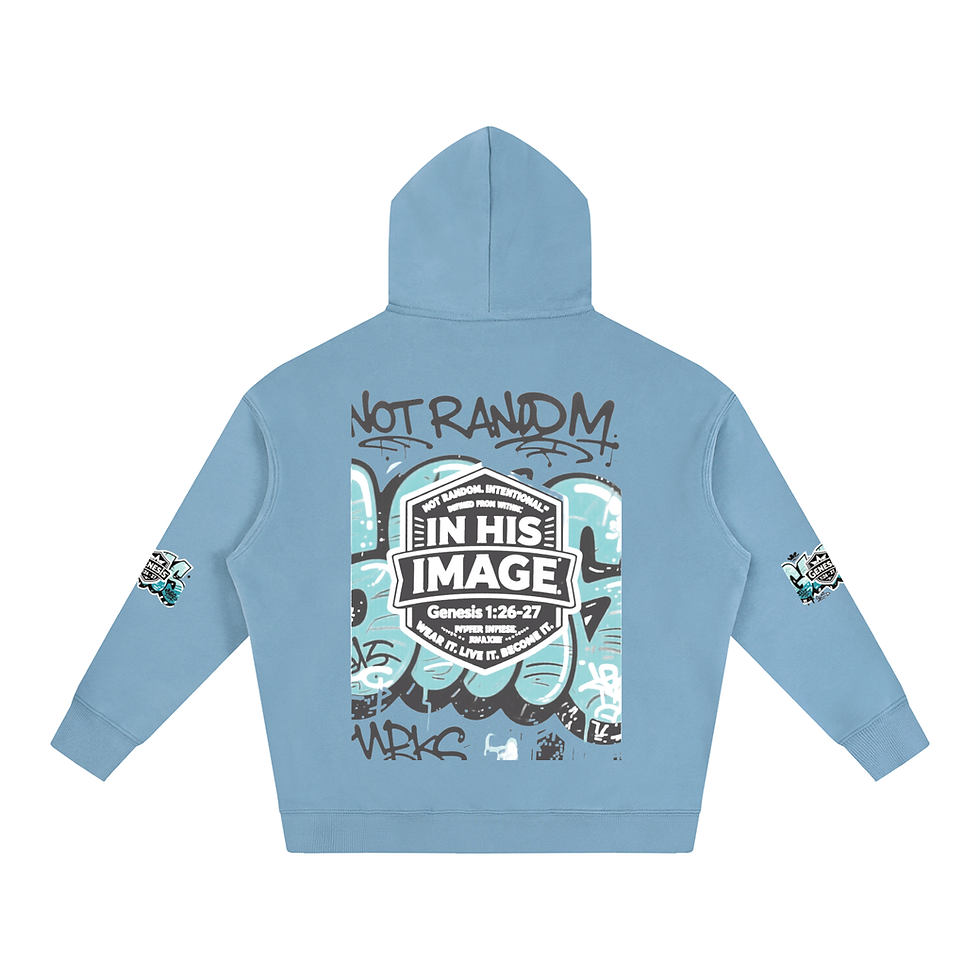 Back of light blue Snow Washed Loose Cotton Hoodie with In His Image graphic.