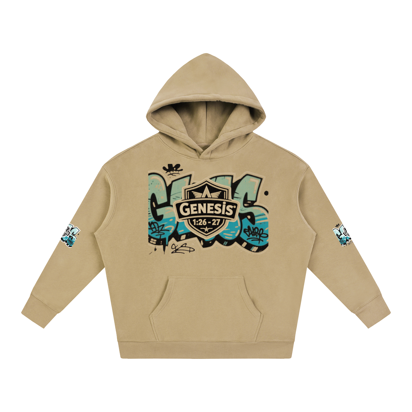 Snow washed loose cotton hoodie with Genesis graffiti art.