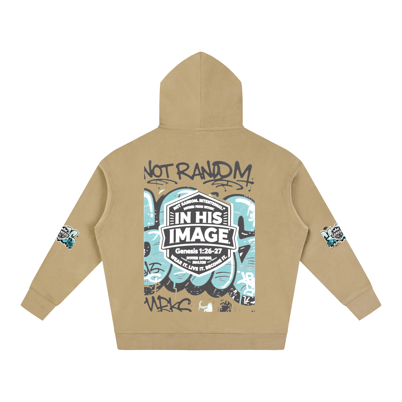 Back of tan Snow Washed Loose Cotton Hoodie with graffiti design