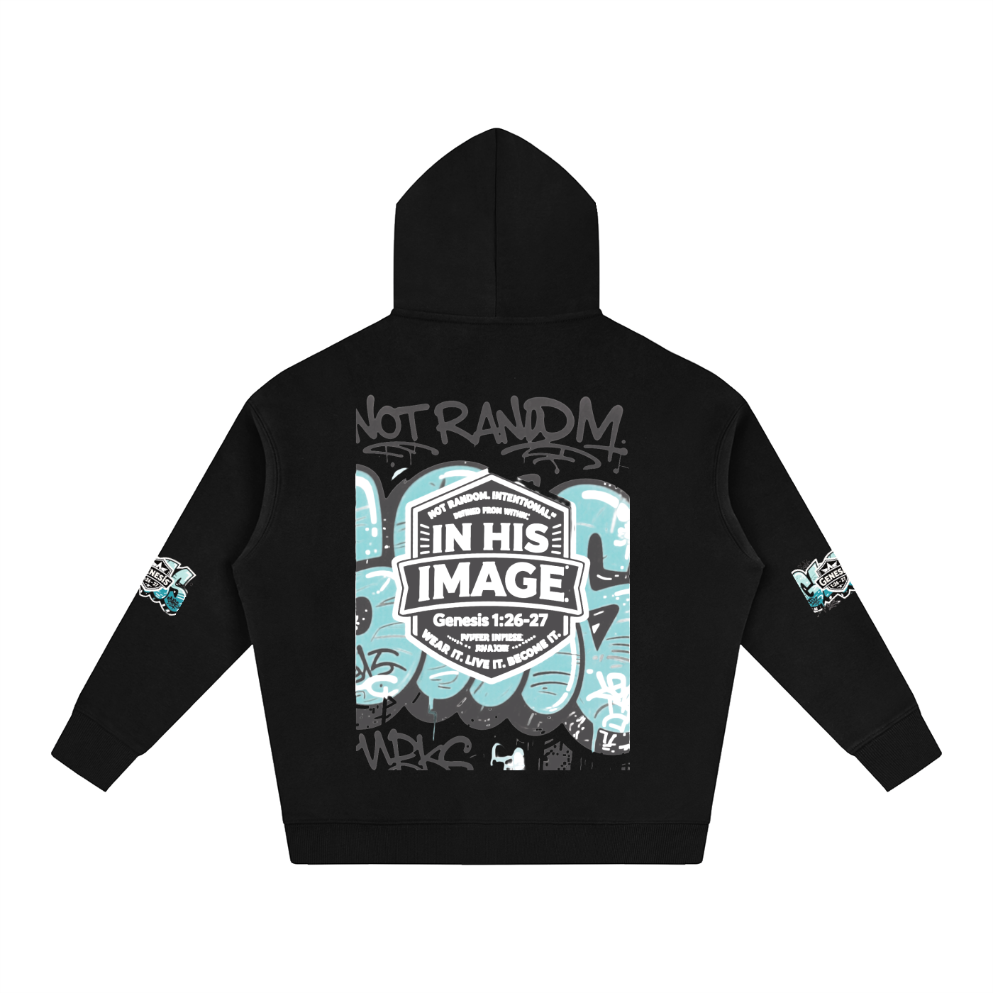 Back of black Snow Washed Loose Cotton Hoodie with graffiti design.