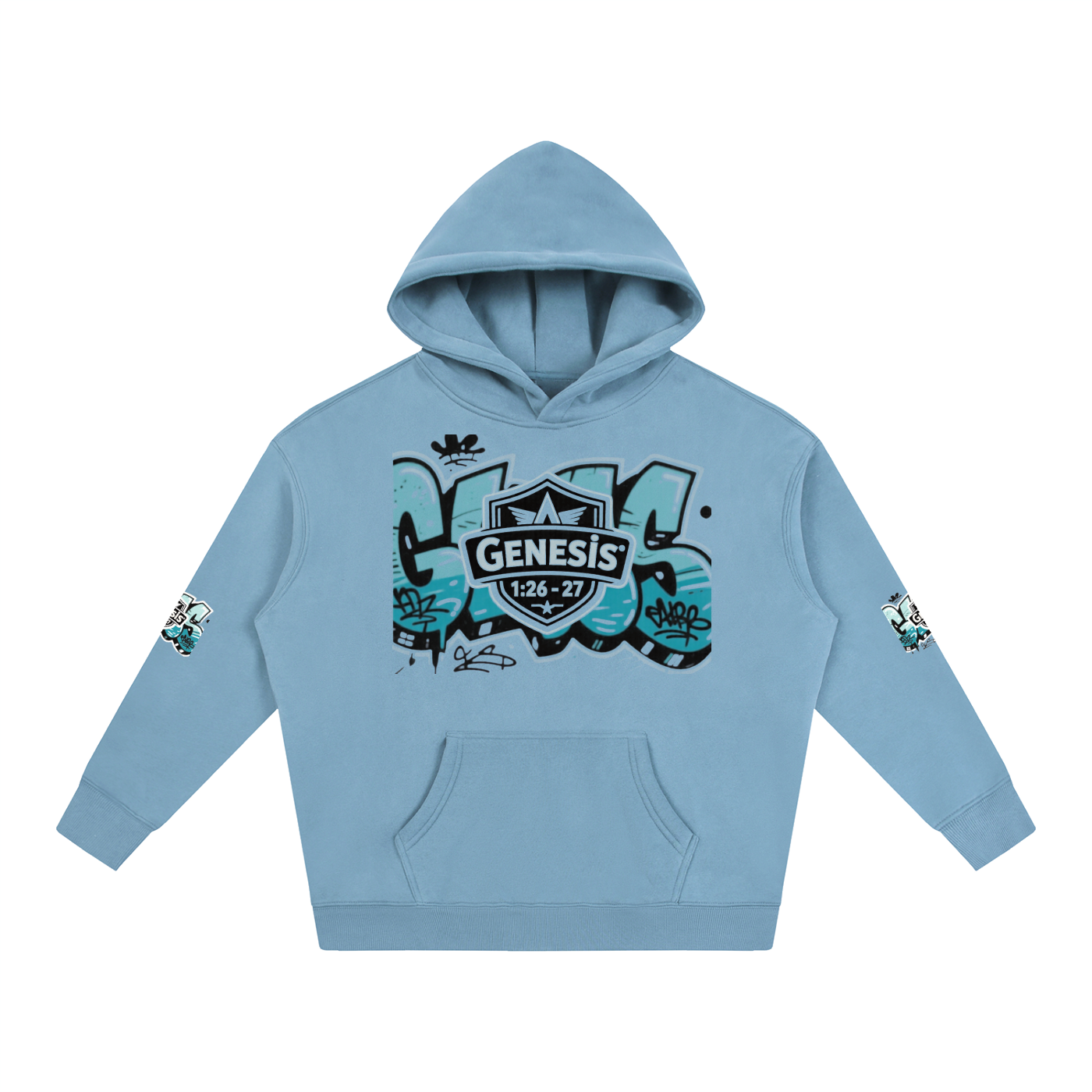Snow Washed Loose Cotton Hoodie with Genesis graffiti graphic