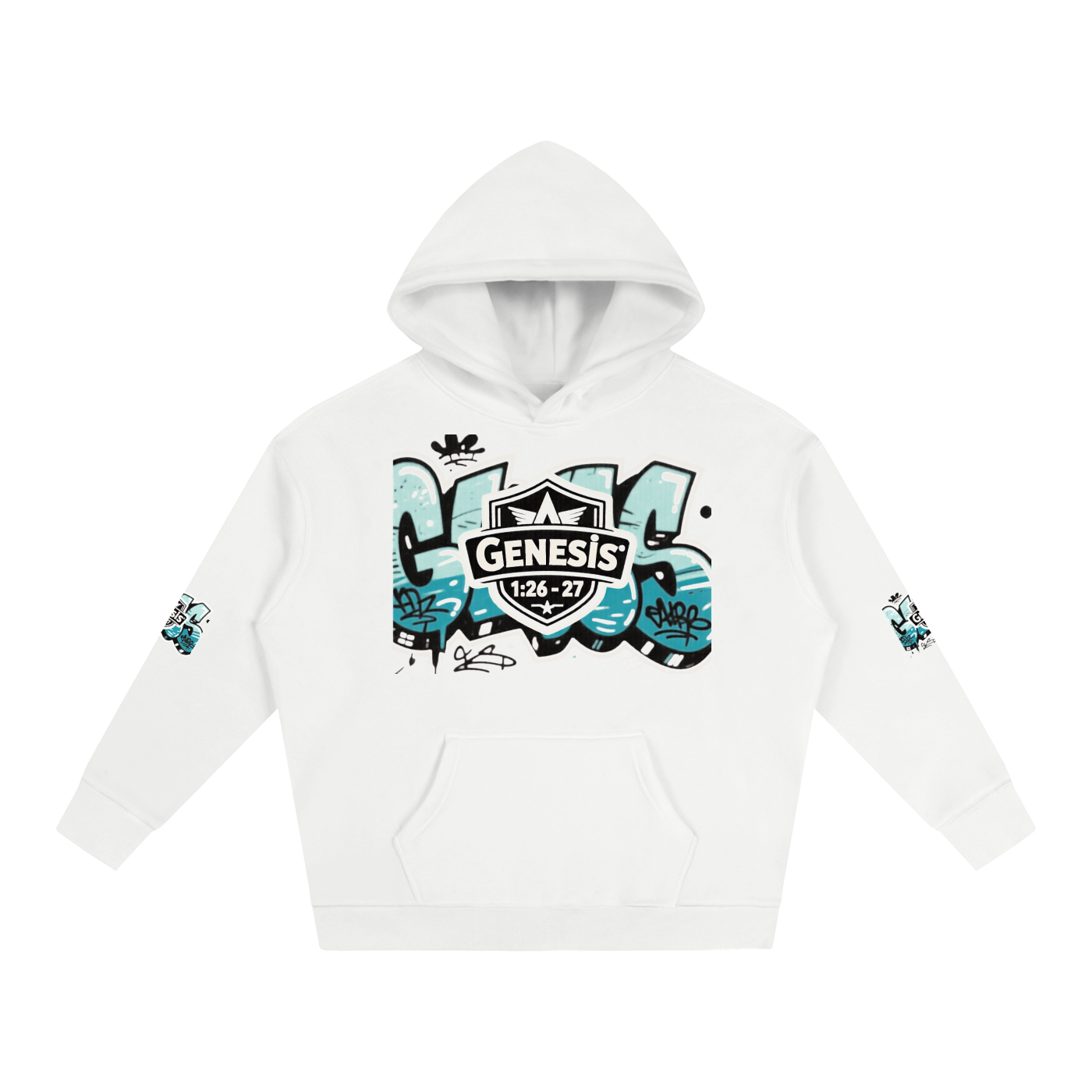 White Snow Washed Loose Cotton Hoodie with Genesis graphic