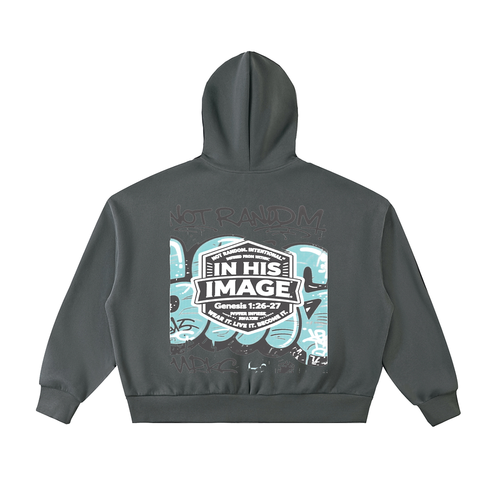Back of Snow Washed Loose Cotton Hoodie with In His Image text