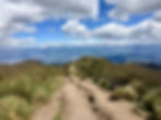 view of dirt trail with city and clouds in the distance