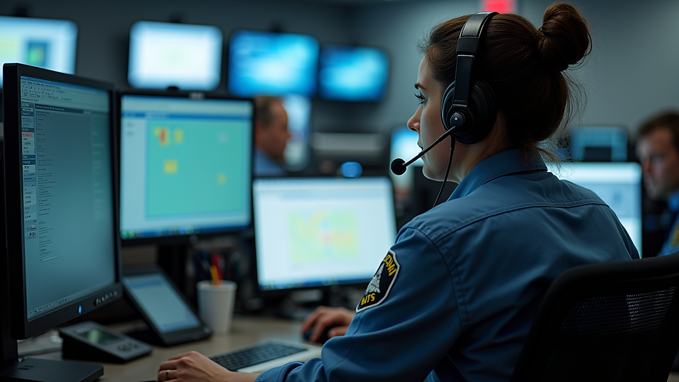 Close-up view of a 911 dispatcher’s workstation with headset and multiple monitors
