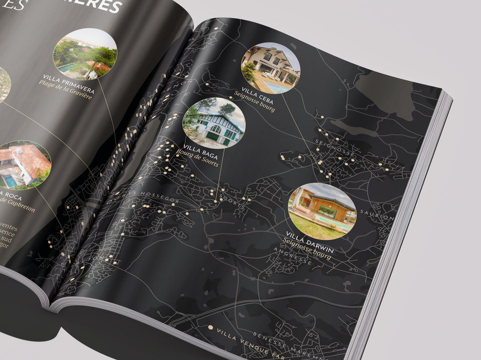 Brochure immobilière de prestige Hossegor Villas — graphisme et illustration cartographique par La Brandisterie