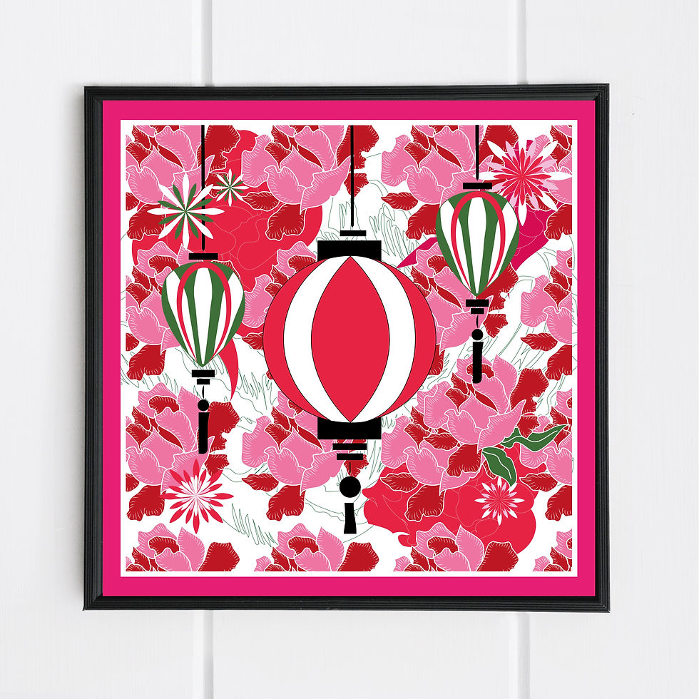 Pivoines grimpantes. Composition florale colorée dessinant une ascension de Pivoines et de Lampions. Encardré