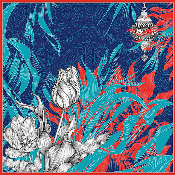 Tulips Garden - Tulips Garden - wix:image://v1/309d2a_25b603f9a8224f5bb5e3d0f9a9bf5d03~mv2.jpg/Carr%C3%A9%20Tulipes%20Istanbul.jpg#originWidth=5313&originHeight=5305 -Inspired by Istanbul and its historic gardens, Jardin des Tulipes celebrates the encounter between botany and decorative arts. Tulips, emblematic of Ottoman culture, converse with Iznik patterns and the silhouette of an oriental lamp in a rhythmic and luminous composition.
Deep blues, vibrant reds, and mineral tones compose a graphic landscape where heritage, light, and travel intertwine. A contemporary interpretation conceived for textiles and objects.